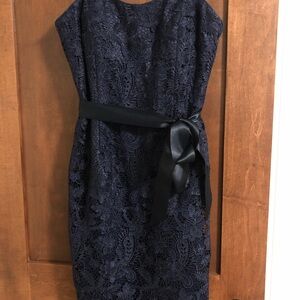 Adrianna Papell Navy Lace Cocktail Dress with Black Belt